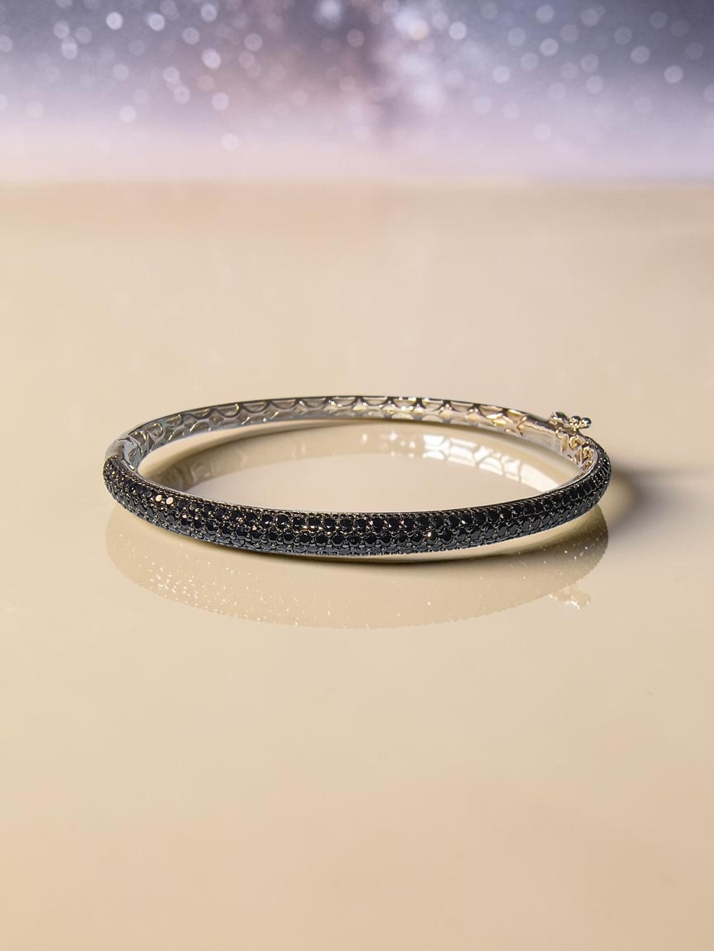 Elegant Sterling Silver And Black Crystal Pavé Bangle Bracelet